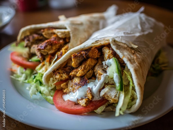 Fototapeta Close Up Of Grilled Chicken Shawarma Wrap With Fresh Tomato Lettuce And Creamy Garlic Sauce On White Plate. Chicken Shawarma Feast