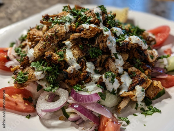 Fototapeta Platter Of Spiced Chicken Shawarma Strips Over Salad With Red Onion Tomato Cucumber And Tzatziki Drizzle. Chicken Shawarma Feast