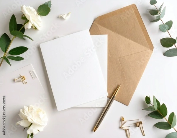 Obraz Blank Greeting Card With Roses And Envelope