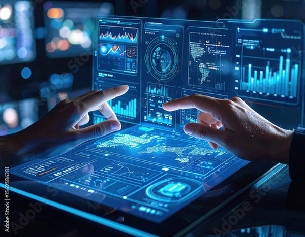 Obraz Hands Interacting With Glowing Digital Screens