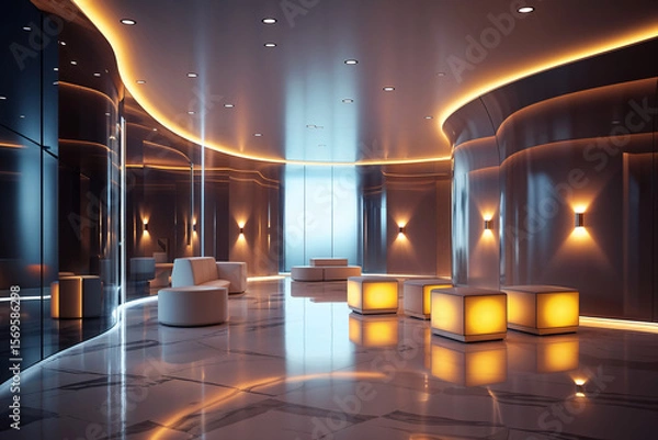 Obraz Futuristic Minimalist Hotel Lobby with Warm Ambient Lighting and Reflective Glass Wall Panels