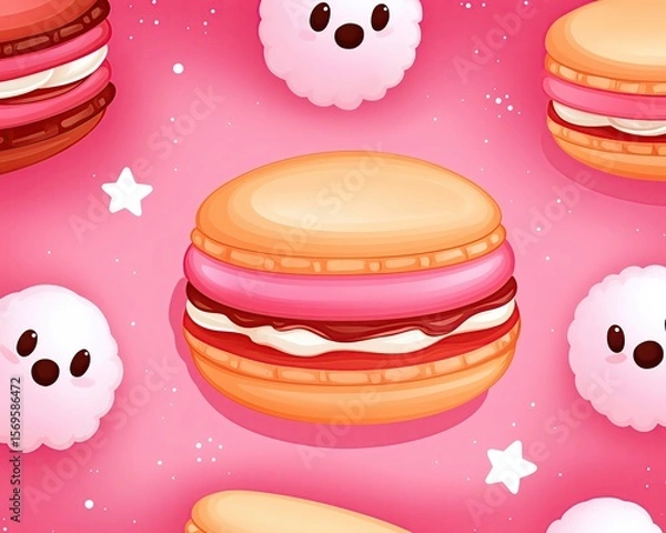 Obraz haunted kawaii treats floating dessert planet orbiting stars made of cotton candy ghosts, galactic lighting with dreamy composition, highly rendered finish