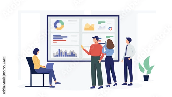 Fototapeta Team analyzing data on screen with charts and graphs in a business meeting presentation setting scene