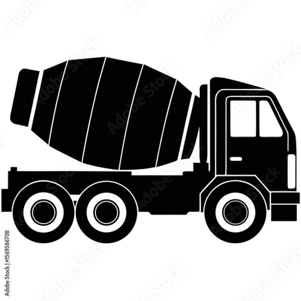 Fototapeta Black and white silhouette of a concrete mixer truck on a white background.