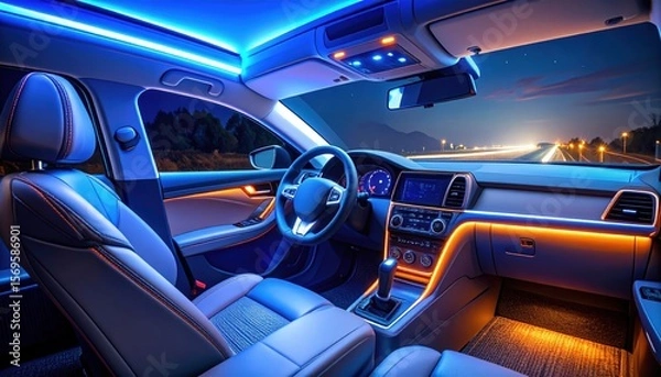Obraz Modern Luxury Car Interior At Night With Illuminated Blue And Orange Lights