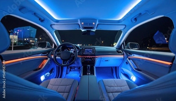 Obraz Night View Of A Modern Car Interior With Blue Lighting