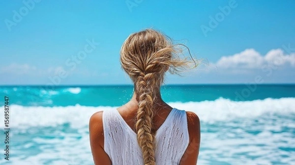 Obraz Young woman standing on a beach with her back to the camera. she is wearing a white sleeveless top and her hair is styled in a fishtail braid.