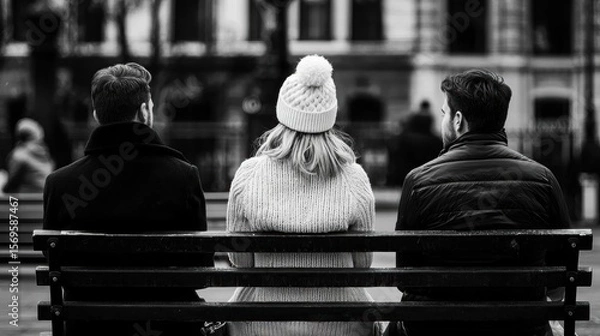 Obraz Black and white photograph of three people sitting on a bench in a park. the person in the middle is a young woman with blonde hair, wearing a knitted sweater and a white beanie.