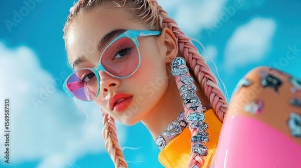 Obraz Close-up portrait of a young woman with long blonde hair styled in two braids. she is wearing a pair of oversized sunglasses with a blue frame and pink lenses.