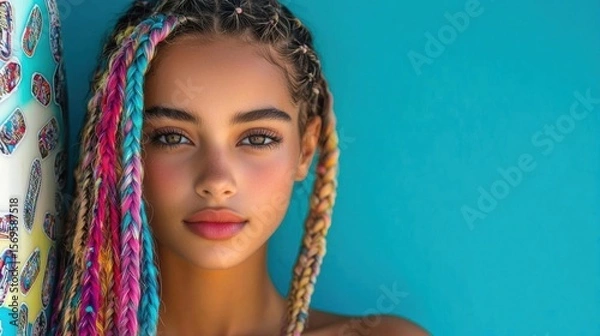 Obraz Close-up portrait of a young woman with long braided hair. she is standing in front of a turquoise background with a colorful patterned curtain on the left side.