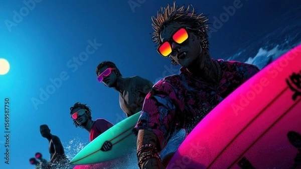 Obraz Group of young men surfing on the ocean at night. the sky is a deep blue with the sun shining brightly in the top left corner.