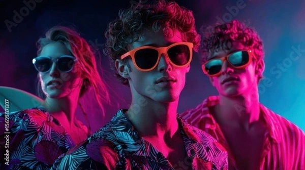 Obraz Three young people, two men and one woman, standing in front of a dark background with neon lights. they are all wearing colorful sunglasses with orange frames and have curly hair.