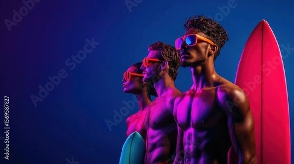 Obraz Three young men standing side by side, each holding a surfboard. they are all shirtless and appear to be standing in front of a blue background.