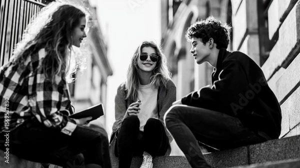 Obraz Black and white photograph of three young people sitting on a stone staircase. the person on the left is a young woman with long curly hair, wearing a plaid shirt and holding a tablet.