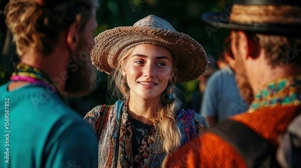 Obraz Young woman wearing a straw hat and a colorful dress. she is smiling and looking at the camera.