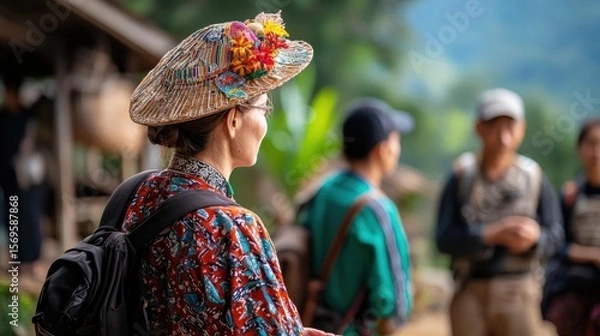 Obraz Woman wearing a large straw hat with colorful flowers on it. she is standing in front of a hut with a group of people in the background.