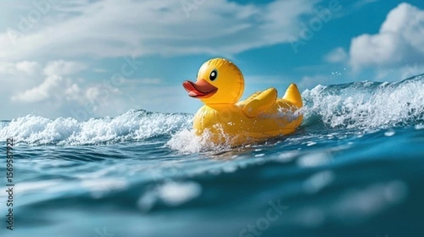 Obraz Yellow rubber duck floating on top of a wave in the ocean. the duck is in the center of the image, with its body partially submerged in the water.