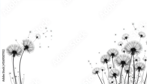 Obraz Abstract minimalist vector illustration of dandelion seeds floating on pure white background, flat design with sharp focus, low contrast cinematic lighting, detailed black and white organic pattern, s