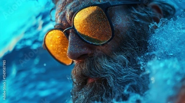 Obraz Close-up portrait of a man's face in the water. he is wearing a pair of sunglasses with orange lenses and a black frame. the man has a long beard and mustache and is swimming in a pool of blue water.