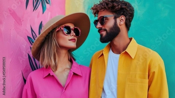 Obraz Young couple standing in front of a colorful wall with tropical leaves painted on it. the woman is wearing a pink shirt and a wide-brimmed hat, and she is also wearing pink sunglasses.