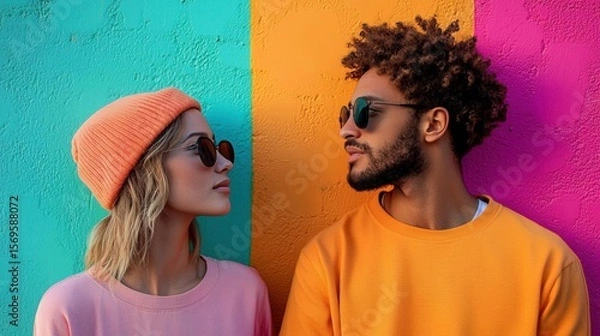 Obraz Young couple standing in front of a colorful wall. the woman is on the left side of the image, wearing a pink beanie and sunglasses.