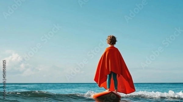 Obraz Young boy standing on a surfboard in the ocean. he is wearing a bright orange cape that covers his back and shoulders. the boy is facing away from the camera, with his back towards the horizon.