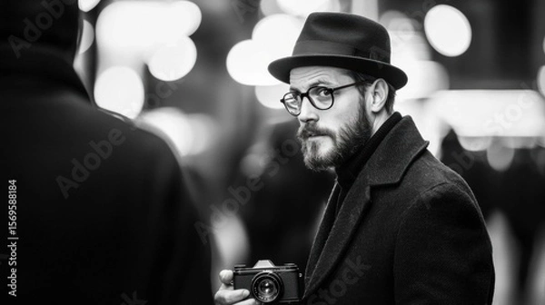 Obraz Black and white photograph of a man holding a vintage camera. he is wearing a coat and a fedora, and has a beard and glasses. the man is looking off to the side with a serious expression on his face.
