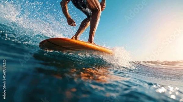 Obraz Surfer riding a wave in the ocean. the surfer is wearing a black wetsuit and is standing on an orange surfboard. the wave is splashing around the surfer as they ride it.