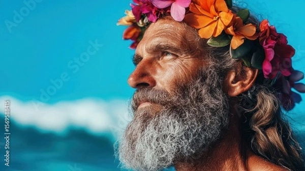 Obraz Close-up portrait of a man with a long white beard and a flower crown on his head. he is standing on a beach with the ocean in the background.