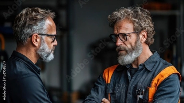 Obraz Two men in a workshop, engaged in a conversation. the man on the left is older and has grey hair and a beard, wearing a black shirt and glasses.