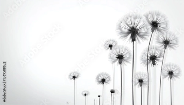Obraz Abstract minimalist vector illustration of dandelion seeds floating on pure white background, flat design with sharp focus, low contrast cinematic lighting, detailed black and white organic pattern, s