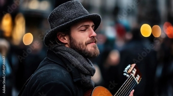 Obraz Man playing an acoustic guitar on a street. he is wearing a black hat and a gray scarf around his neck. he has a beard and is looking down at the guitar with a serious expression on his face.