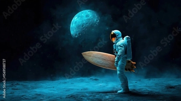 Obraz Astronaut standing on the surface of the moon, holding a surfboard. the astronaut is wearing a white suit with a helmet and carrying a backpack on his back.