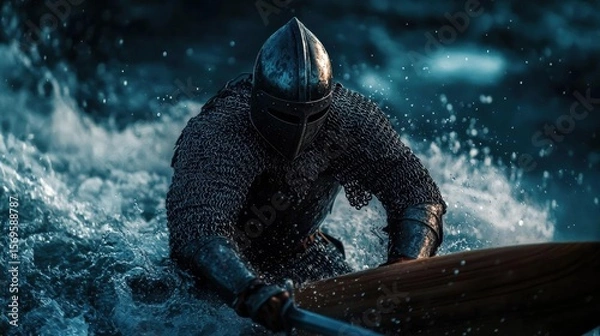 Obraz Knight in full armor, riding on a boat in the ocean. the knight is wearing a full suit of armor with a helmet and is holding a spear in his right hand.