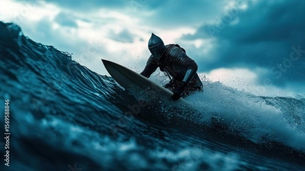 Obraz Surfer riding a wave in the ocean. the surfer is wearing a full suit of armor and a helmet, and is riding a white surfboard.