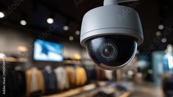 Fototapeta Surveillance camera retail store, capturing security footage with modern design and clear lens, ensuring safety and monitoring