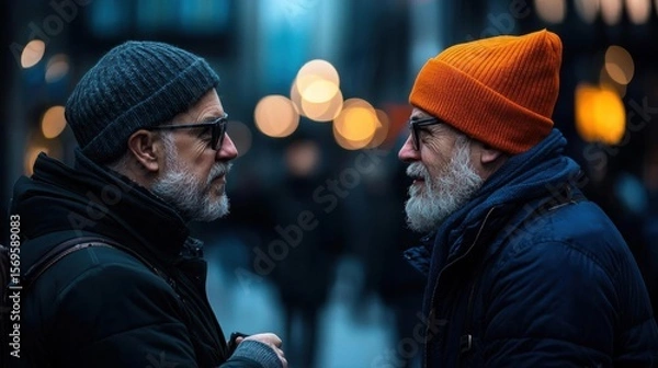 Obraz Two men standing on a street at night, facing each other and engaged in a conversation. the man on the left is wearing a black beanie and a black jacket, and has a backpack slung over his shoulder.