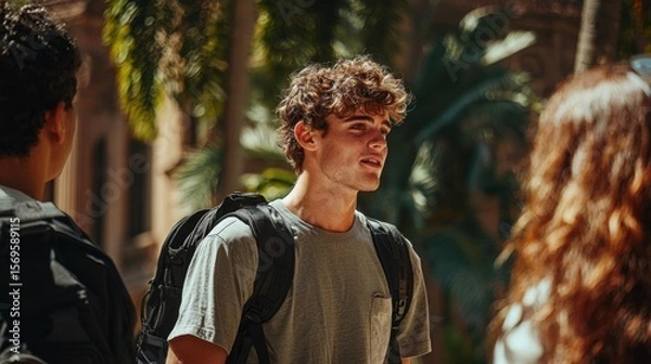Obraz Young man with curly hair, wearing a grey t-shirt and carrying a black backpack. he is standing in front of a group of people, with palm trees and a building in the background.