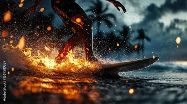 Obraz Surfer riding a wave on a surfboard at sunset. the surfer is in the center of the image, with their arms stretched out to the sides and their legs bent at the knees.