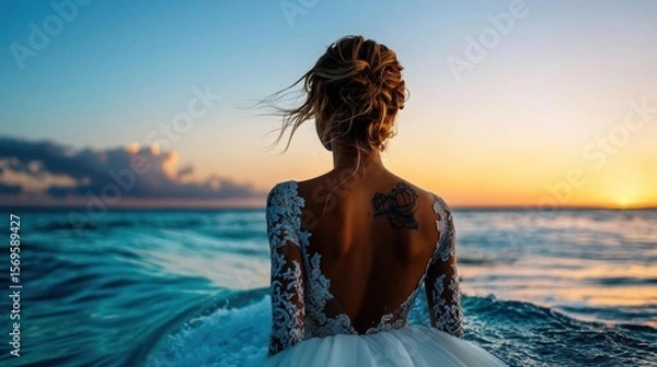 Obraz Woman standing on the edge of a cliff overlooking the ocean at sunset. she is wearing a white wedding dress with intricate lace detailing on the back and a long train.