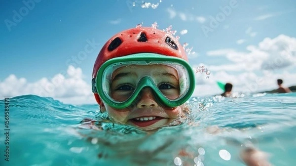 Obraz Young boy swimming in the ocean. he is wearing a red helmet with a watermelon design on it and green goggles. the boy is smiling and appears to be enjoying himself as he swims through the water.