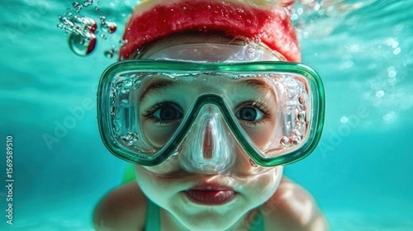 Obraz Close-up of a young child's face underwater. the child is wearing a red swim cap and a green snorkel mask.