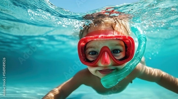 Obraz Young boy swimming underwater in the ocean. he is wearing a red snorkel mask and a green snorkeling mask. the boy is looking directly at the camera with a big smile on his face.