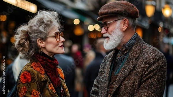 Obraz Man and a woman standing on a busy street at night. the woman is on the left side of the image, facing the man on the right side.