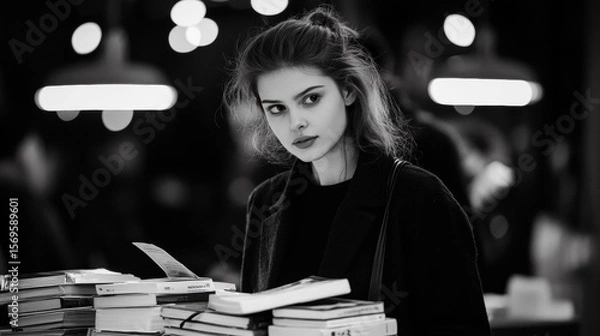 Obraz Black and white portrait of a young woman standing in front of a stack of books. she is wearing a black coat and has her hair styled in loose curls.