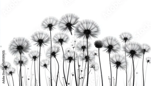Obraz Abstract minimalist vector illustration of dandelion seeds floating on pure white background, flat design with sharp focus, low contrast cinematic lighting, detailed black and white organic pattern, s