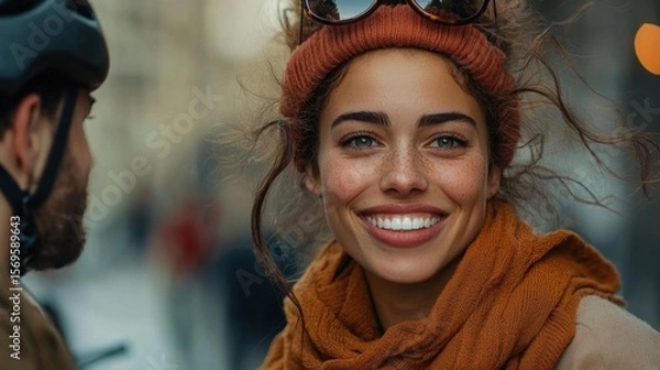 Obraz Close-up portrait of a young woman with a big smile on her face. she is wearing a brown beanie and a scarf around her neck.