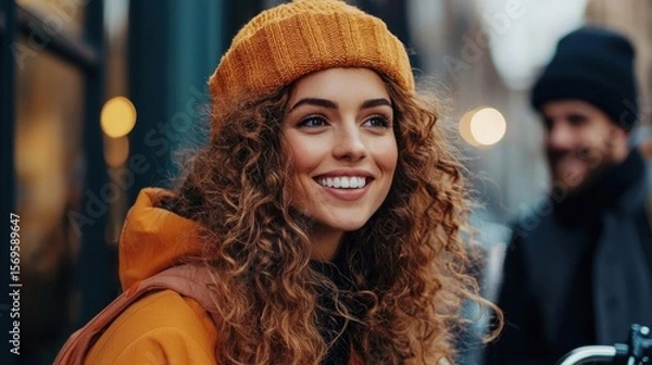 Obraz Portrait of a young woman with curly hair, wearing a bright orange beanie and a yellow jacket. she is smiling and looking directly at the camera.