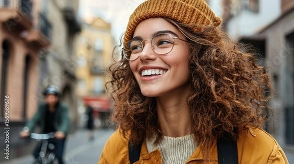 Obraz Portrait of a young woman with curly hair, wearing a yellow beanie and glasses. she is standing on a street with buildings on either side and a person riding a bicycle in the background.