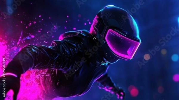 Obraz Person wearing a futuristic helmet and a black suit. the helmet is black with a pink visor and has a sleek design. the person is in mid-air, with their arms and legs stretched out in front of them.